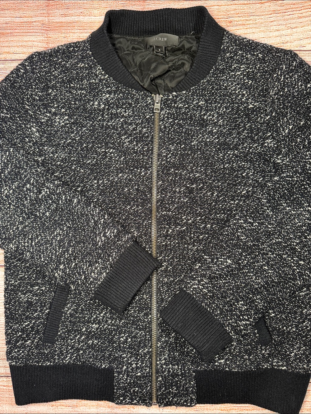 J.Crew Women’s Size 6 Small Black Gray Textured Knit Bomber Jacket Quilted Lined